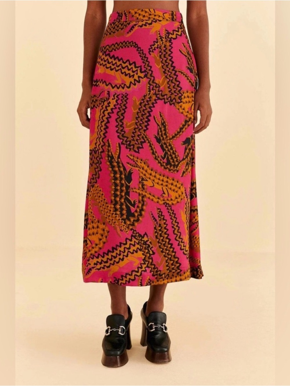 FARM RIO Crocodile Print Satin Midi Skirt
